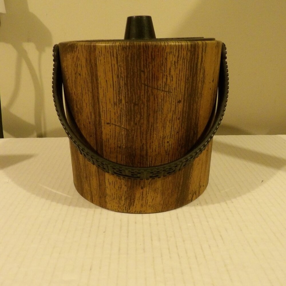 + Vintage Phoenixware MCM Greek Key Faux Wood Ice Bucket Wine Chiller Barware